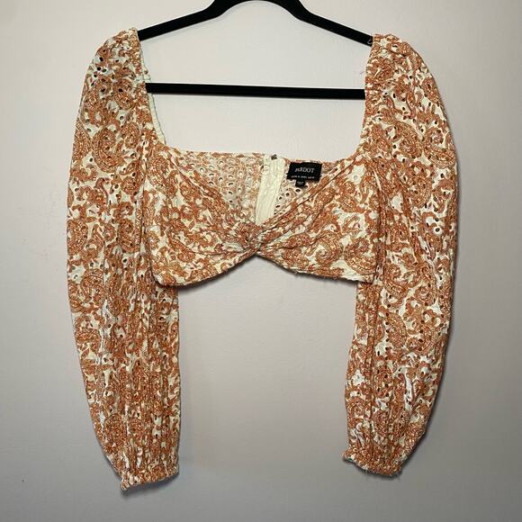 Bardot Large Orange White Paisley Eyelet Crop Long Sleeve Blouse Women's size 10 - Picture 2 of 9